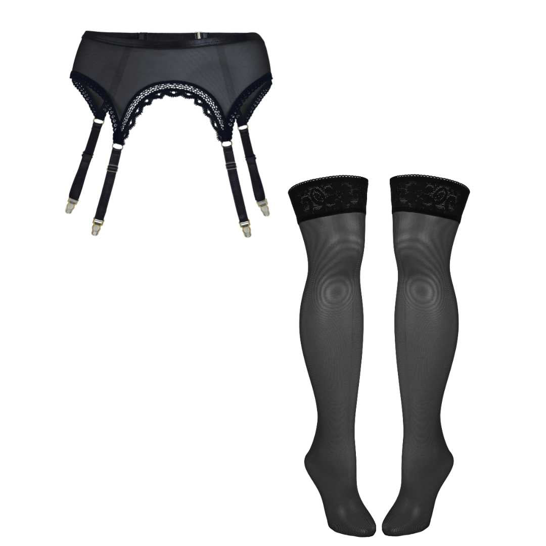 Sheerly Mesh Adjustable Garter + Stockings Set in Black - Uye Surana