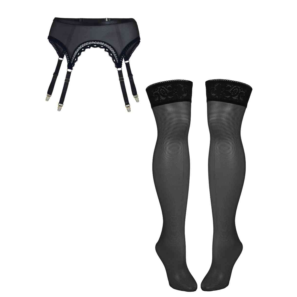 Black Mesh Garter Stockings Set