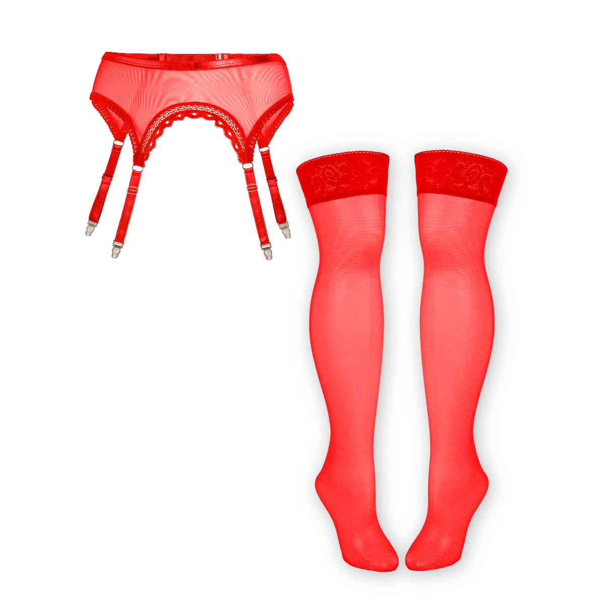 Red Mesh Garter + Stockings Set