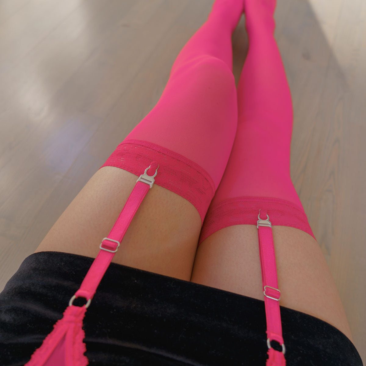 Hot Pink Mesh Garter + Stockings